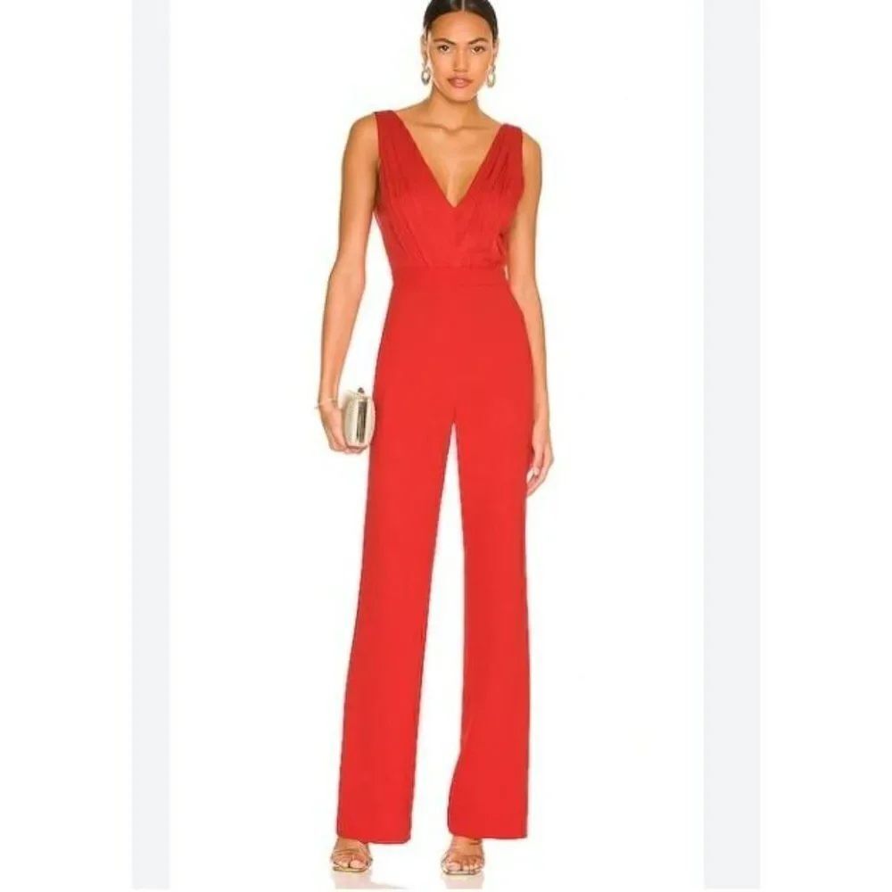 Alice + Olivia Womens Gale Jumpsuit Deep V Neck Sleeveless Crepe Sz 6 Red NWT